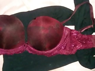 Cum covering red bra (again)